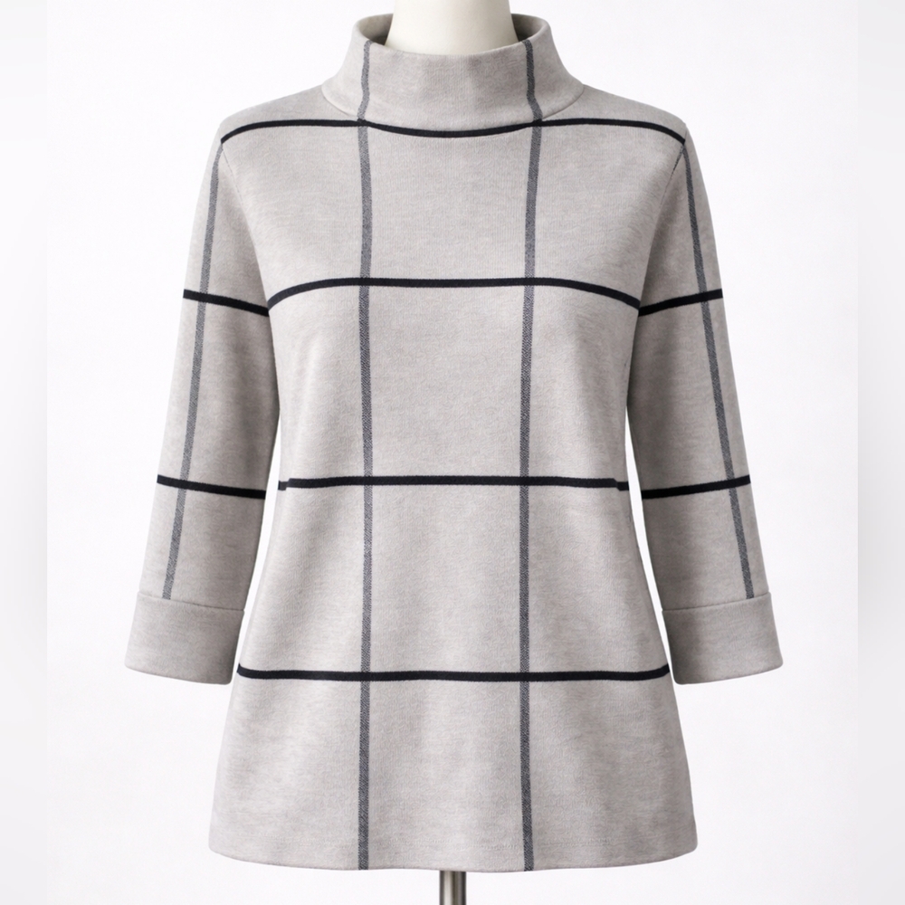 Tahari Windowpane Plaid Funnelneck Sweater Small